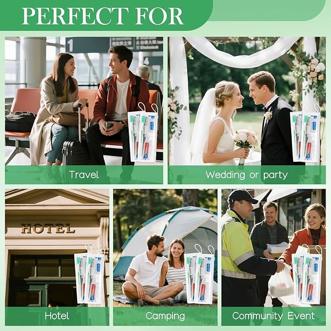 100 Set Personal Care Travel Toiletries Sets Bulk,7-in-1 Disposable Toothbrushes with Toothpaste and Floss,Comb,Soap,Cover,Zip Bag Toiletry Travel Toothbrush Kit for Homeless,Hotel,Charity