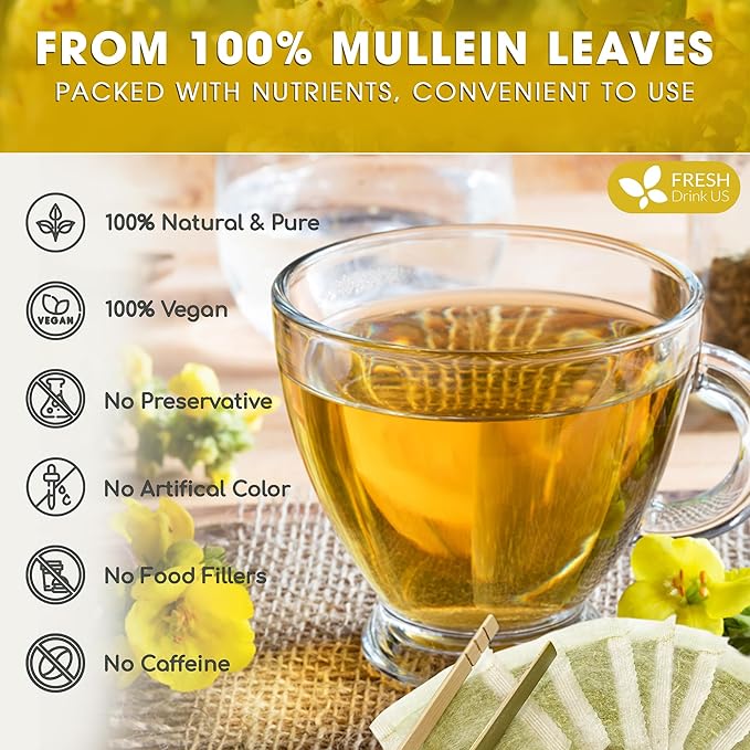 FreshDrinkUS, Premium 80 Mullein Leaf Tea Bags – 100% Natural, Pure, & Caffeine-Free Herbal Tea for Lung – Loose Leaf, No Sugar, Vegan, Gluten-Free, Made with Natural Material Tea Bags