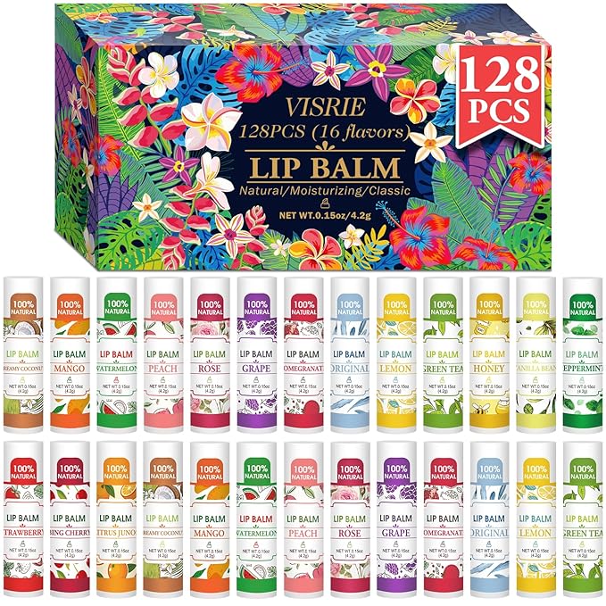 128 Pack Lip Balm, Natural Lip Balm Bulk with Vitamin E and Coconut Oil, Bulk Moisturizing Lip Balms for Dry Lips-16 Flavors