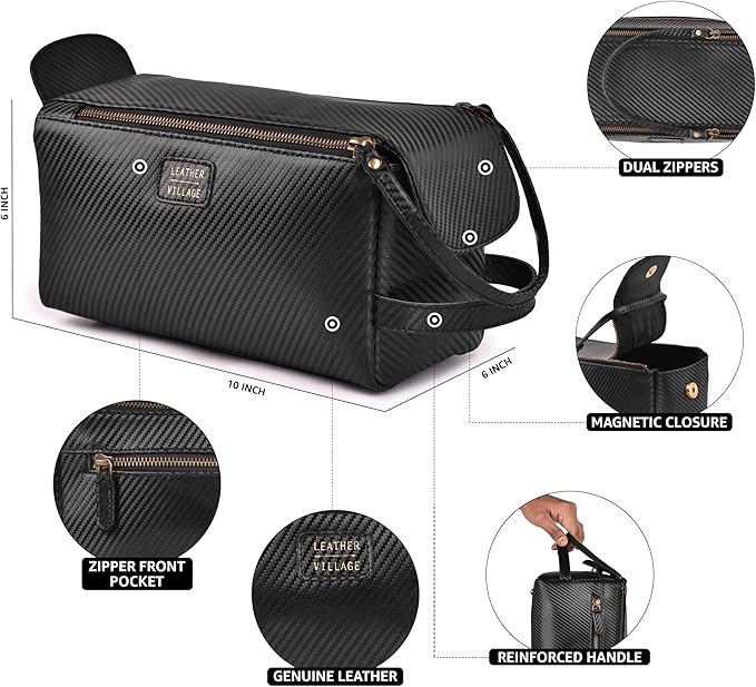 LEATHER VILLAGE Premium Carbon Fiber Genuine Leather Travel Toiletry Bag - Large Compact Dopp Kit, Water-Resistance Shaving & Cosmetic Organizer for Men & Women - Black