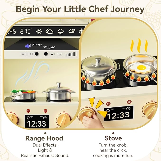 Play Kitchen for Toddlers with Felt Storage Boxes & Range Hook, Wooden Kids Kitchen Playset with Oven, Microwave, Ice Maker, Toy Kitchen Set with Coffee Maker for Girls & Boys Age 3+, Yellow Curtains