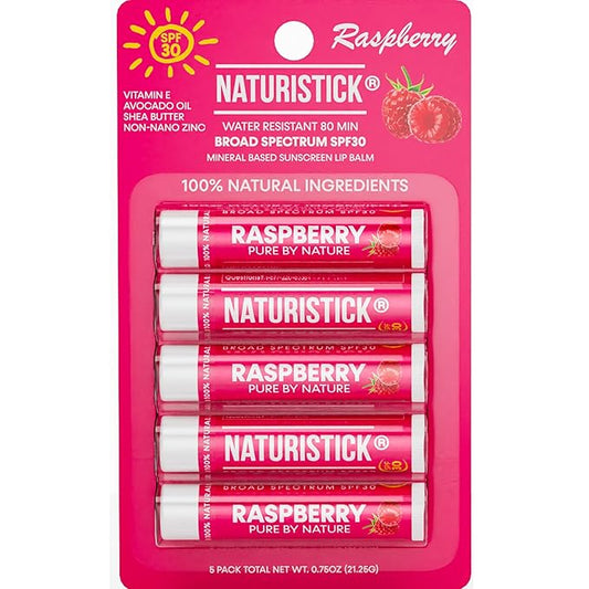 Naturistick SPF 30 Vegan Lip Balm – Mineral Sunscreen with Zinc Oxide | Broad Spectrum UVA/UVB Protection | 100% Natural, Coral-Friendly Formula | Oxybenzone Free | 5-Pack Raspberry | Made in USA