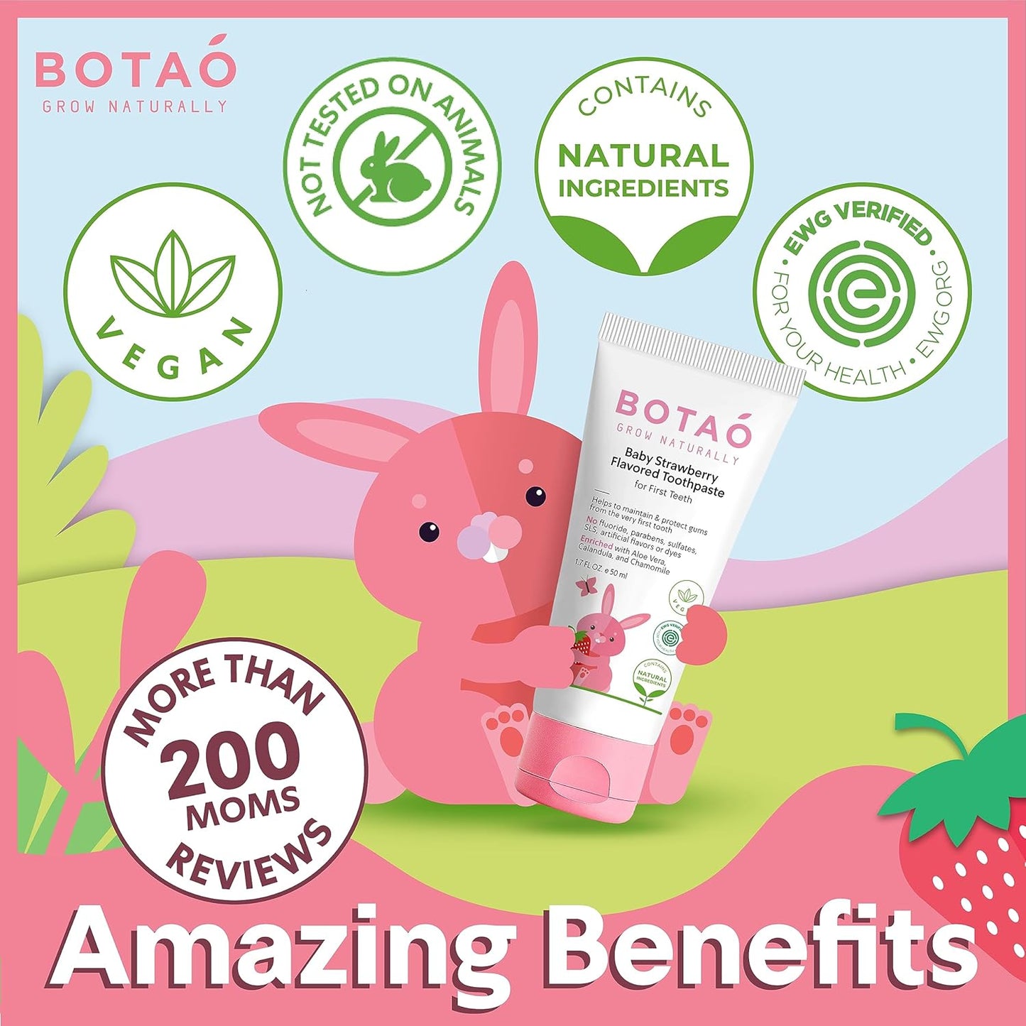 Fluoride Free Baby Toothpaste | Strawberry Flavored - Organic Training Natural Toddler Toothpaste for Toddlers | EWG Verified, Vegan, SLS Free, Safe to Swallow, Aloe Vera -1.7Oz