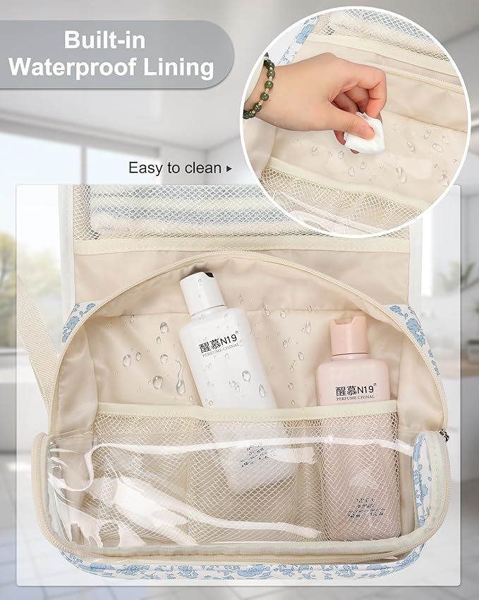 Hanging Toiletry Bag, Travel Toiletries Bag with Hanging Hook, Water Resistant Makeup Cosmetic Organizer for Full Sized Container, Shampoo, Portable Wash Bag for Travel Size Essentials - Blue Flower