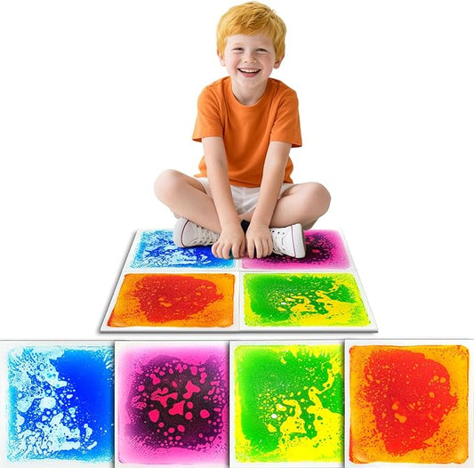 Liquid Sensory Tiles Floor Pads - 4PCS Square Sensory Floor Mats for Kids with Over Three Years Old