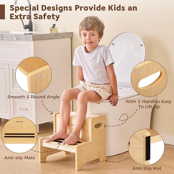 Step Stool for Kids, Wooden Toddler Step Stool with Non-Slip Mats for Bathroom Sink and Kitchen, Potty Training Stool with Handles for Toilet