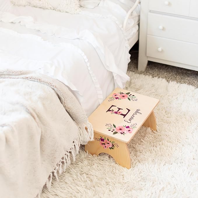 Floral Step Stool for Toddlers- Personalized Wood Kids Step Stool with Name for Kitchen Sink, Bathroom, Potty Training, Kitchen Sink- Sturdy and Safe- Made in USA by BloomOwl (Floral- Botanical)