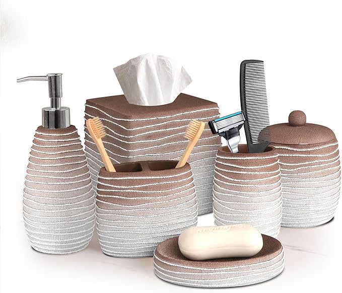 6-Piece Bathroom Accessories Set – Soap Dispenser, Toothbrush Holder, Tumbler, Soap Dish, Cotton Swab Jar & Toilet Brush – Modern Bathroom Decor Set (Antonetta)