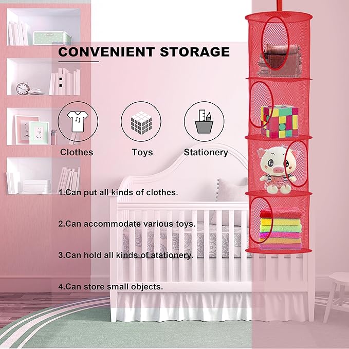 Libeder Stuffed Animal Storage Mesh Hanging Storage Space Saver Bags Organizer,Foldable Storage Organizer 4 Compartments Toy Net Storage Basket for Kids Room Bathroom 2 Sets Red