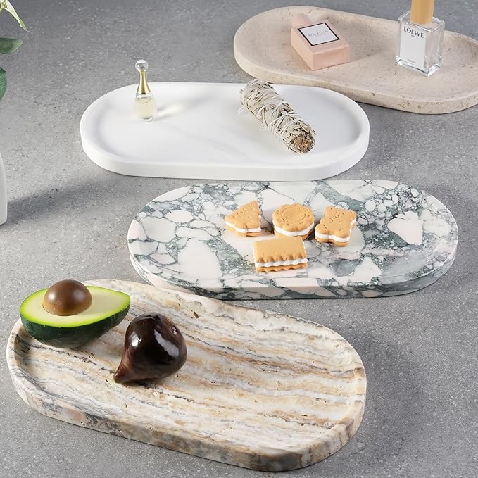 Koville Natural Marble Bathroom Tray for Decor Countertop, Marble Vanity Tray for Candles Perfume, Jewelry, Cosmetics, Stone Decorative Trays for Dresser Organizer(White Traonyx)