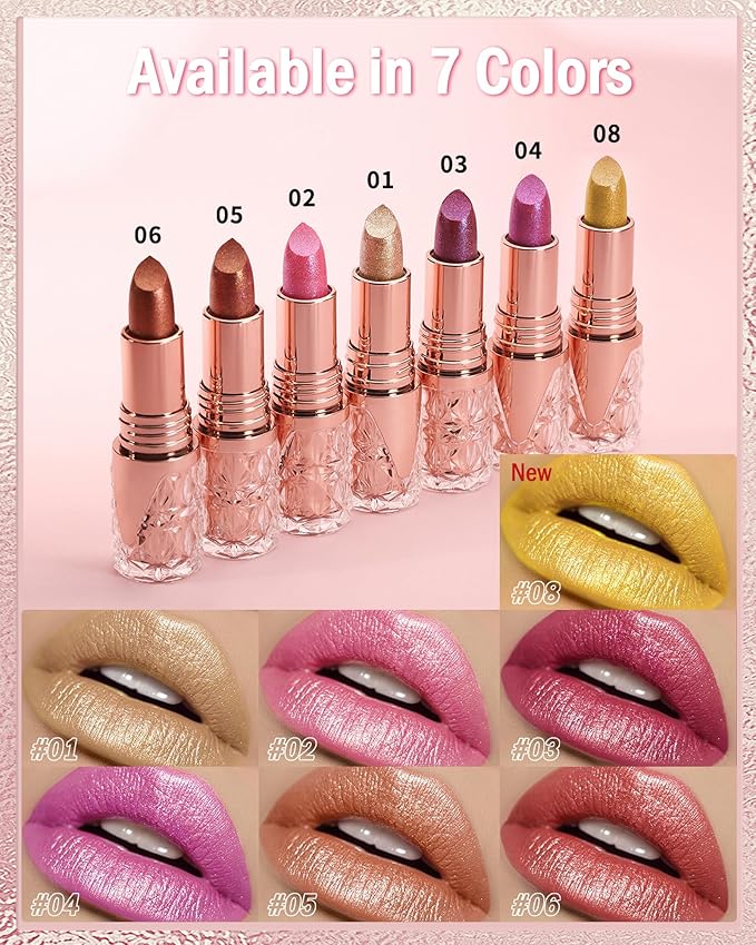 Metallic Glitter Pink Lipstick Long Lasting,Diamond Shimmer Liquid Lipstick Transfer Proof Non-Stick Nude Lip Gloss,High Pigmented Lip Color Creamy Lip Stick Makeup for Women-04