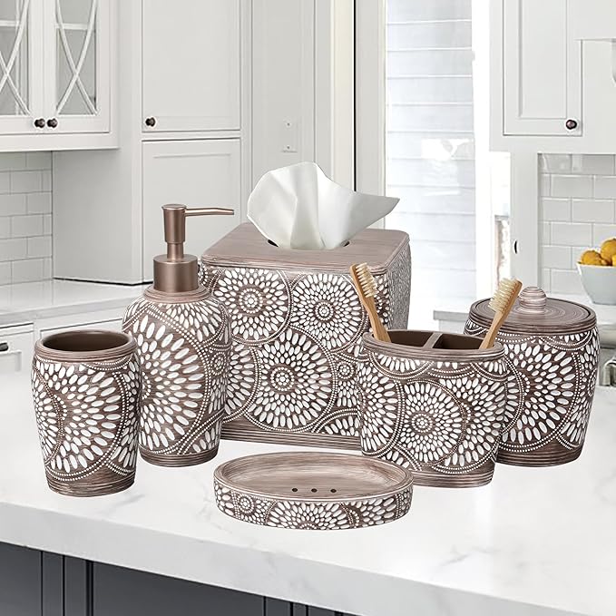 6-Piece Bathroom Accessories Set – Soap Dispenser, Toothbrush Holder, Tumbler, Soap Dish, Cotton Swab Jar & Toilet Brush – Modern Bathroom Decor Set (Ciccone)