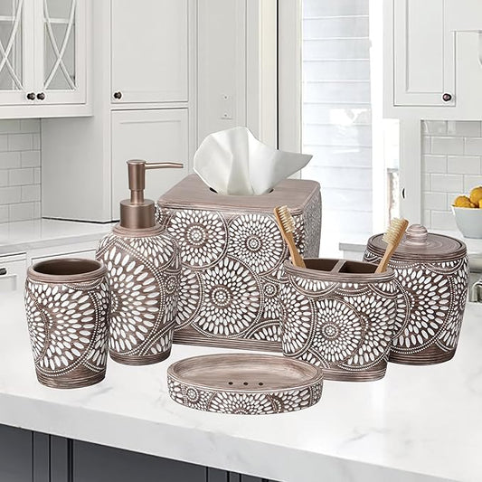 6-Piece Bathroom Accessories Set – Soap Dispenser, Toothbrush Holder, Tumbler, Soap Dish, Cotton Swab Jar & Toilet Brush – Modern Bathroom Decor Set (Ciccone)