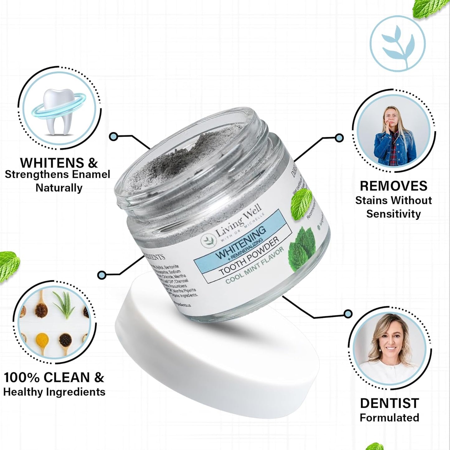 Living Well with Dr. Michelle Remineralizing & Whitening Tooth Powder Cool Mint | Fluoride-Free Hydroxyapatite Formula | Supports Enamel Strength and Natural Whitening