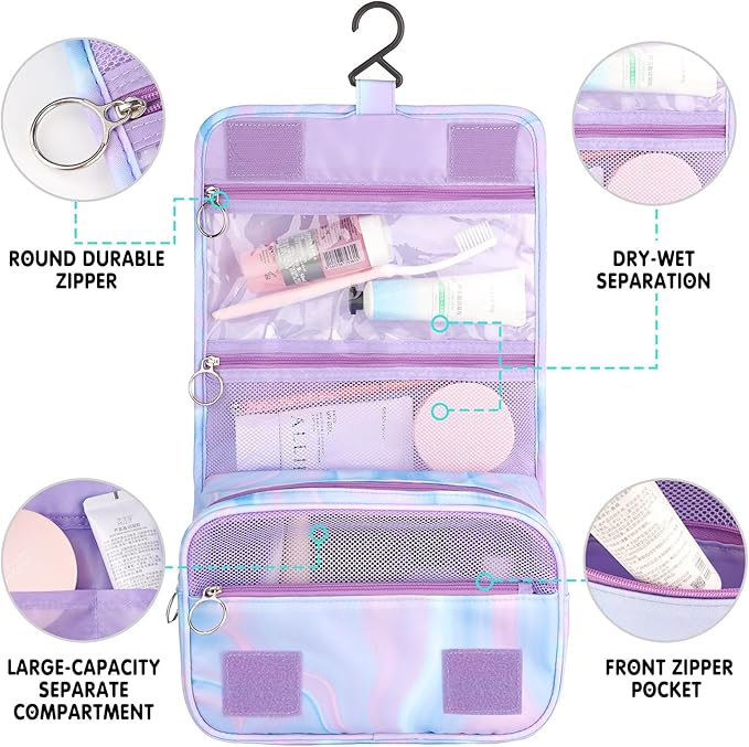 Purple Hanging Toiletry Bag for Girls, Travel Toiletry Bag for Teen Girls Cosmetic Makeup Waterproof Wash Bag Traveling Toiletries, Fluid