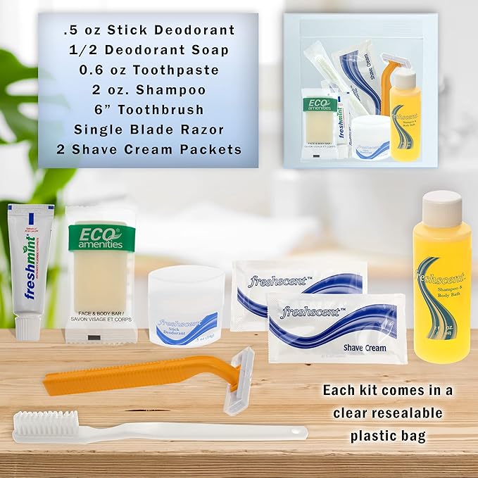Moda West 96 Kits - Bulk Case of Wholesale Basic Toiletry Bathroom Kits for Men, Women, Travel & Charity, Shampoo, Toothpaste, Deodorant & More, Perfect for Homeless Shelters & Airbnb Donation