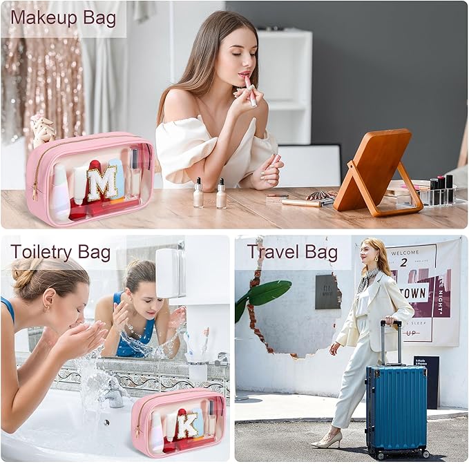 YOOLIFE Initial Make Up Bag Travel Toiletry Bag, Clear Makeup Bag Preppy Cosmetic Bags Organizer Travel Essentials Pink Gifts for Women Teen Girlfriend Teacher Bridesmaid Birthday Mothers day Gifts Q
