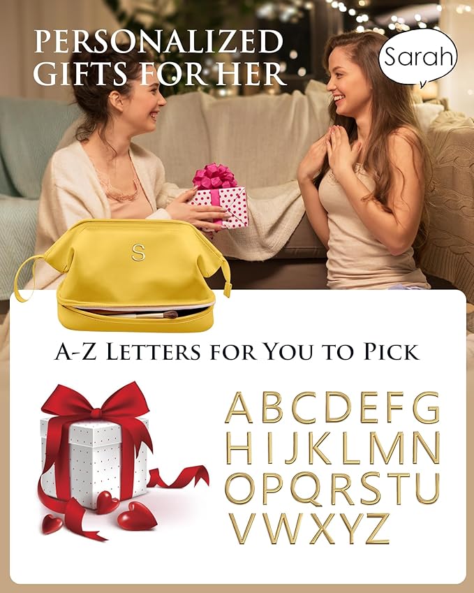 Womens Gift, Initial Makeup Bag, Travel Gifts, Personalized Bags, Waterproof Double Layer Cosmetic Bag, Large Capacity PU Leather Makeup Bags Letter Travel Toiletry Bag, Friend Gifts