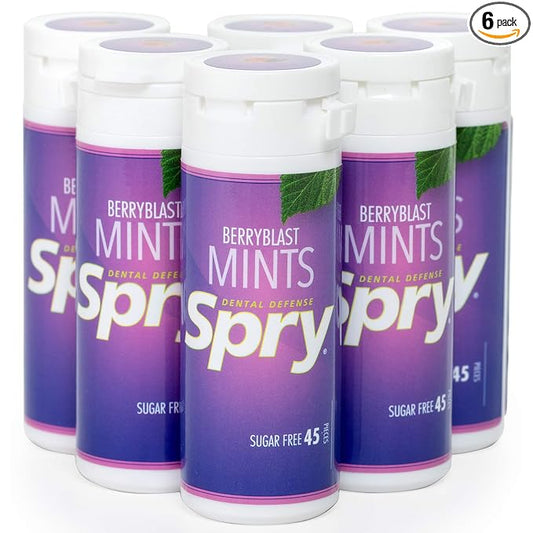Spry Xylitol Berry Blast Mints Sugar Free Candy - Promote Oral Health, Increase Saliva Production, Stop Bad Breath, Non-GMO, Gluten-Free, 45 Count (Pack of 6)
