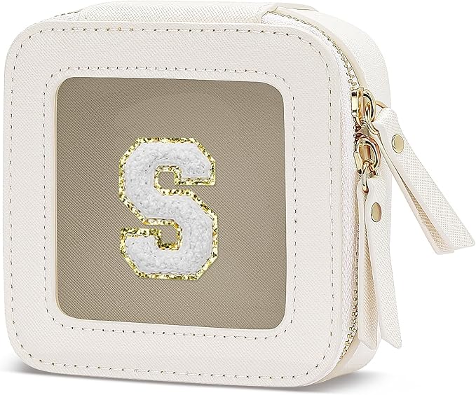 Initial Travel Toiletry Bag - Cosmetic Bags for Girls with Zipper, Clear & Potable Girls Makeup Bag for Travel, Small Cosmetic Pouch Perfect Gifts for Graduation (Beige, S)