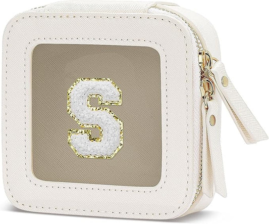 Initial Travel Toiletry Bag - Cosmetic Bags for Girls with Zipper, Clear & Potable Girls Makeup Bag for Travel, Small Cosmetic Pouch Perfect Gifts for Graduation (Beige, S)