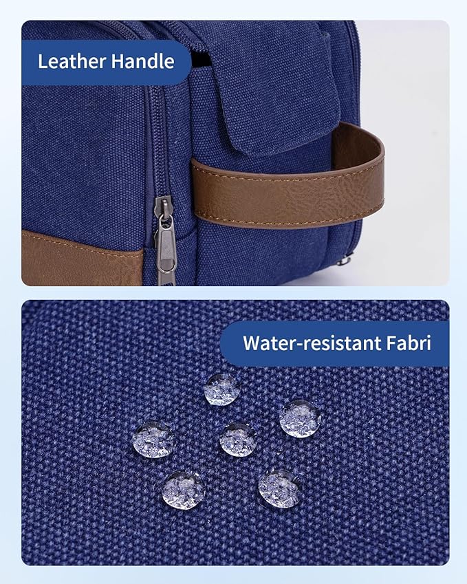 WANDF Toiletry Bag for Men Travel Toiletry Organizer Canvas and Leather Dopp Kit Water-Resistant Shaving Bag for Travel Accessories (Blue, Medium)