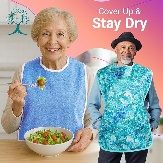 3 Pack Crumb Catcher Adult Bibs for Women, Comfortable Terry Cloth & Polyester bibs for Seniors, Waterproof Adult bibs for Men, Clothing Protectors for Seniors