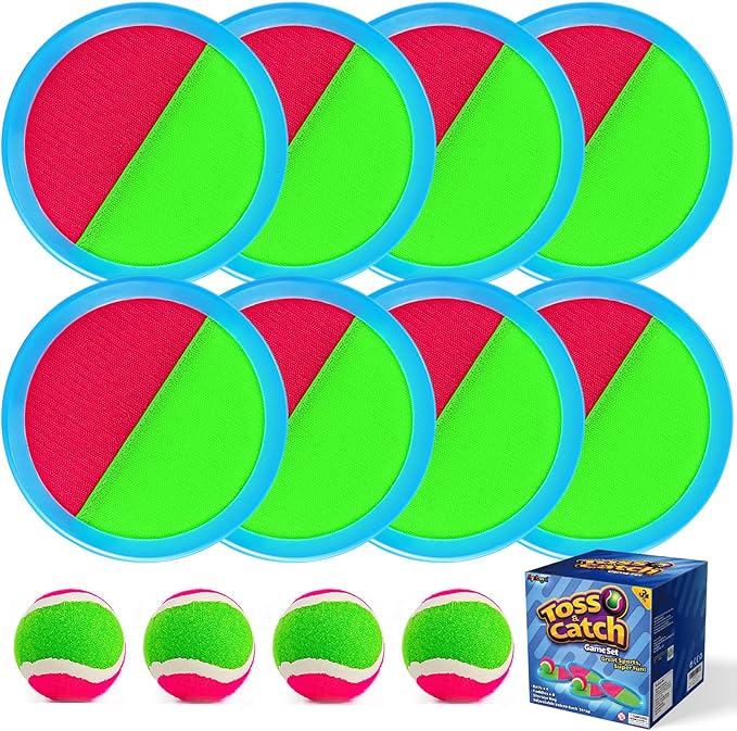 Ayeboovi Toss and Catch Ball Set with 8 Paddles 4 Balls Outdoor Beach Pool Toys for 3 4 5 6 7 8 Year Old Boys Girls Birthday Gift Stocking Stuffers Outside Camping Lawn Yard Games for Kids and Family