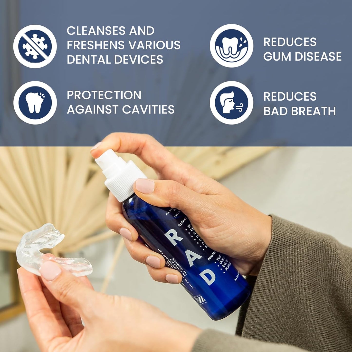 RAD FRESH - Natural Mouth Guard Cleaner with Food-Grade Hydrogen Peroxide, Easy-to-Use, No-Rinse-Formula Retainers Cleaner for All Oral Devices Like Aligners, Dentures & More, 3 Pack, 3.4 oz