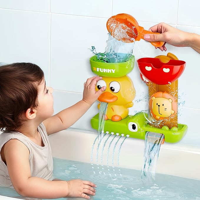 iPlay, iLearn Bath Toy for Toddlers 1-3, Baby Waterfall Duck Bathtub Toy W/ Suction Cup, Kid Bath Tub Shower Playset, Infant Bathtime Fun Birthday Stocking Gift 18 24 Month, 2-4, 3-5 Year Old Girl Boy