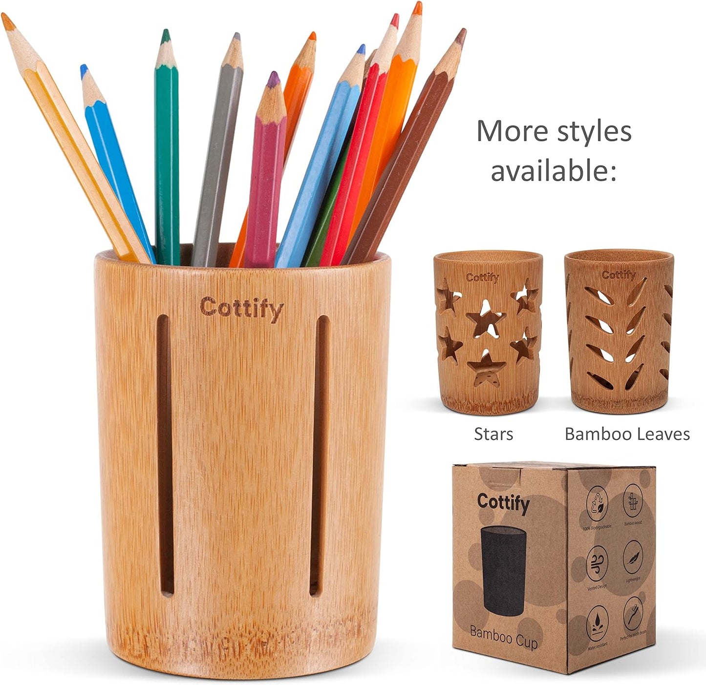 Cottify Bamboo Toothbrush Holder with Drainage, Quick Drying Bathroom Cup Holder, Toothpaste Holder, Wood Toothbrush Drainer, Stripes Glossy