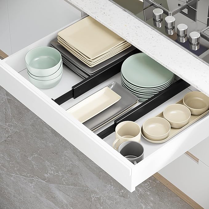 BAMEOS Drawer Dividers Bamboo Separators Organization Expandable Organizers for Kitchen Bedroom Bathroom Dresser Office 4-pack