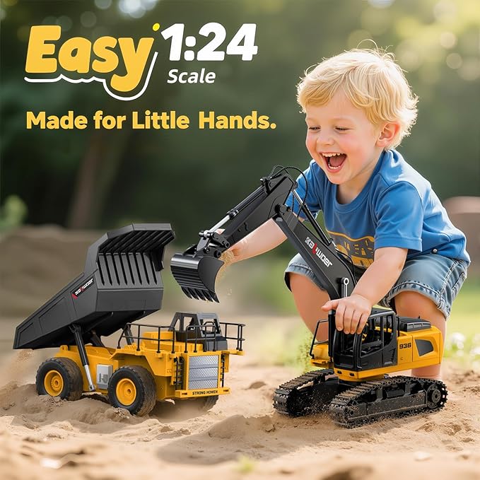 Ruko 1562 RC Excavator and Dump Truck Toy Set, 2.4GHz 9CH Remote Control Construction Vehicles with Lights & Sounds, Metal Bucket, 680° Rotation, Realistic 1:24 Scale Trucks for Kids