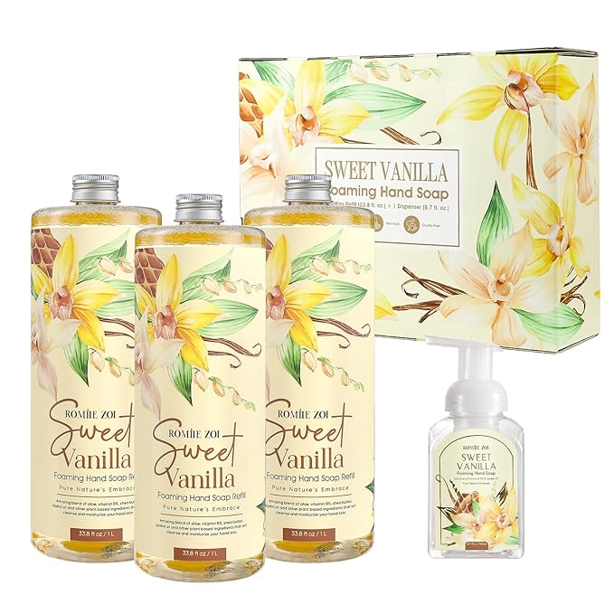 ROMIIE ZOI Foaming Hand Soap Refill Gift Set – Sweet Vanille Scent – 3 Pack (1000ML Each) with Dispenser, Gentle & Moisturizing Plant-Based Formula – Bulk Refill Bottles for Bathroom & Kitchen Use