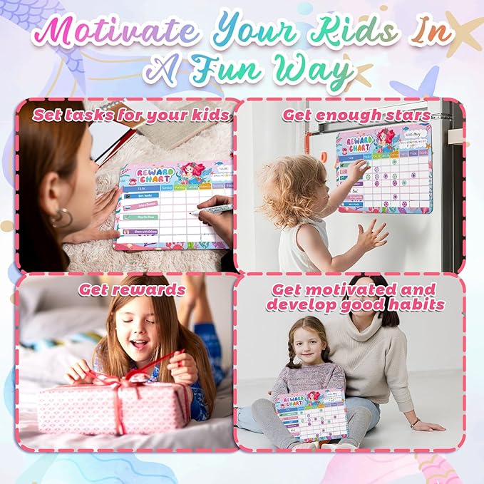 Magnetic Reward Chart for Kids, Mermaid Design Chores Chart for Kids Dry Erase Behavior Chart for Children at Home with 52 Chore Charts &120 Star Stickers Responsibility Chart for Kids Toddlers