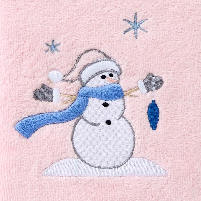 SKL Home Christmas/Winter Glam Snowman 100% Cotton Embroidered 2pc Hand Towel Set, Decorative for Bath/Kitchen/Bar, Pink