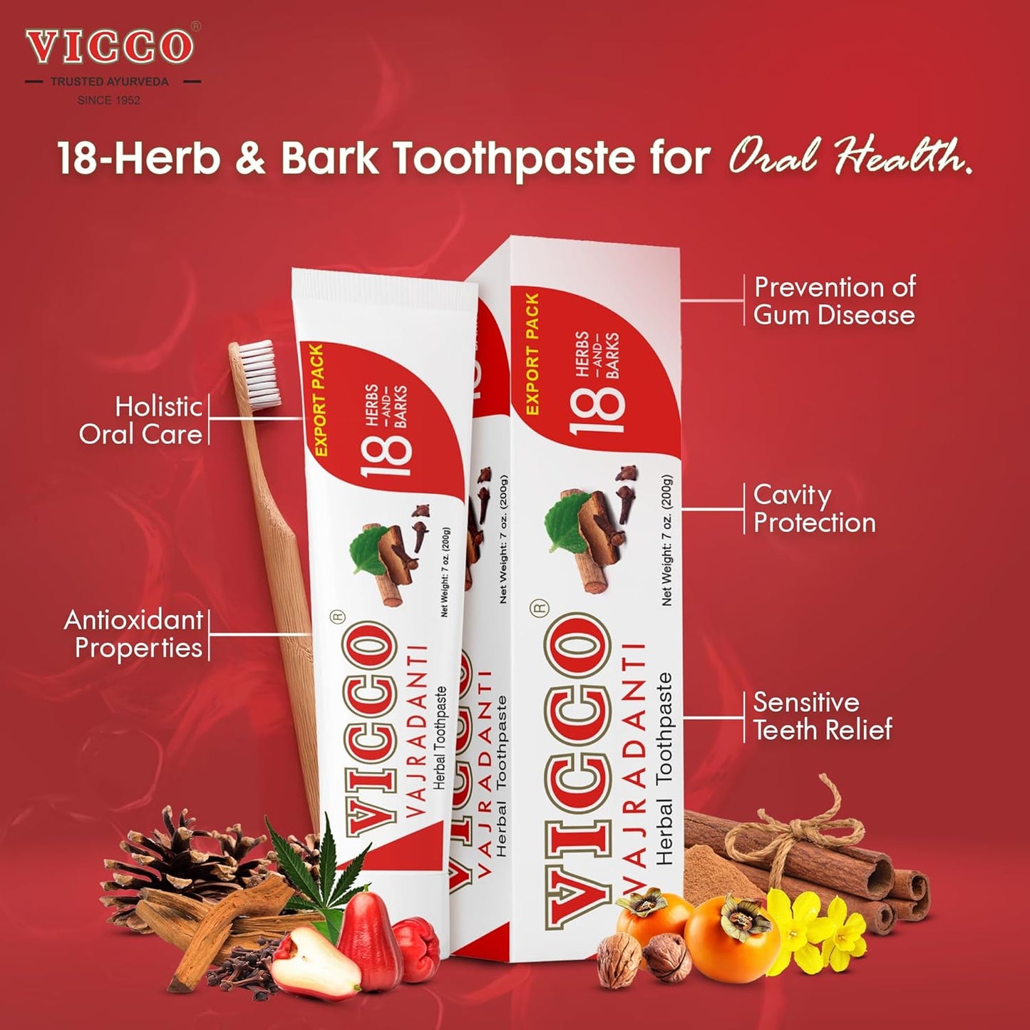 Vicco Vajradanti Ayurvedic Herbal Toothpaste by Vicco – 70 Year Legacy of Ayurveda, with 18 Ayurvedic Herbs & Barks, 100% Natural, Vegan, Fluoride-Free & Cruelty-Free – 3.53 oz (5 Pack)