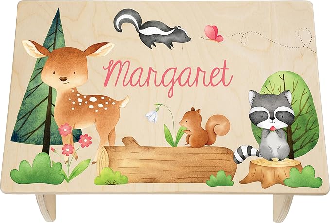 Step Stool for Toddlers- Personalized Wood Kids Step Stool with Name for Kitchen Sink, Bathroom, Potty Training, Toilet, Kitchen Sink- Sturdy and Safe- Made in USA by BloomOwl (Woodland- Pretty)