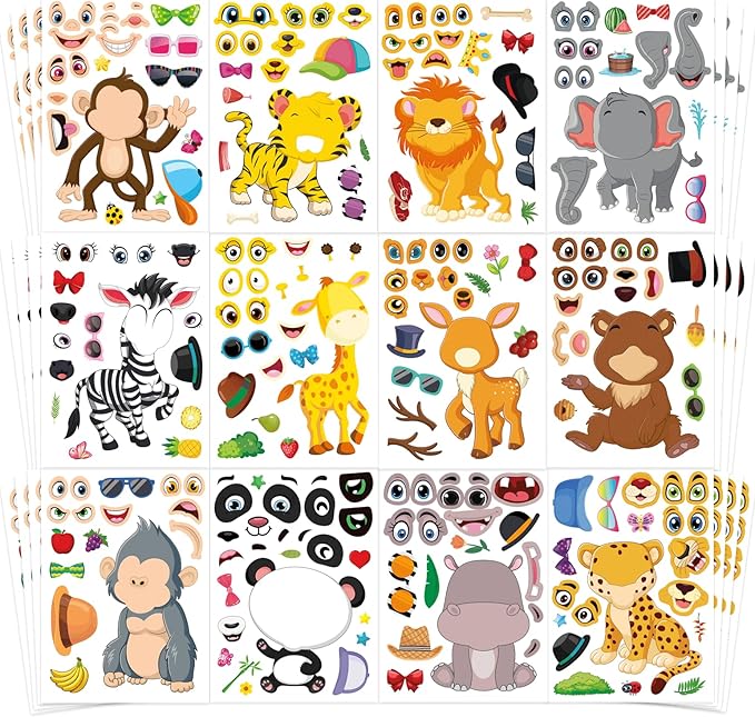 48 Sheets Make Your Own Safari Animal Stickers for Kids Ages 3+, Make-a-face Stickers, Jungle & Zoo Party Favors Supplies, Classroom Teacher Reward