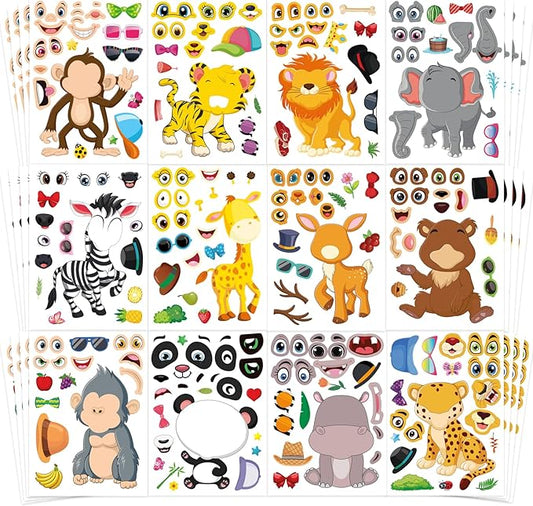 48 Sheets Make Your Own Safari Animal Stickers for Kids Ages 3+, Make-a-face Stickers, Jungle & Zoo Party Favors Supplies, Classroom Teacher Reward