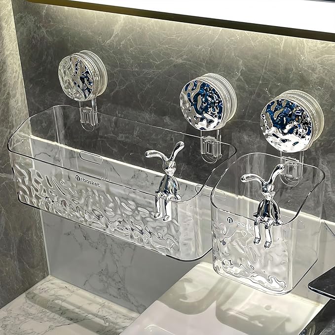 2 Pack Suction Cup Shower Caddy, Wall Mounted Suction Electric Toothbrush Holder for Bathroom, Clear Shower Rack with 2 Movable Hooks, Toothpaste and Razors Shower Organizer