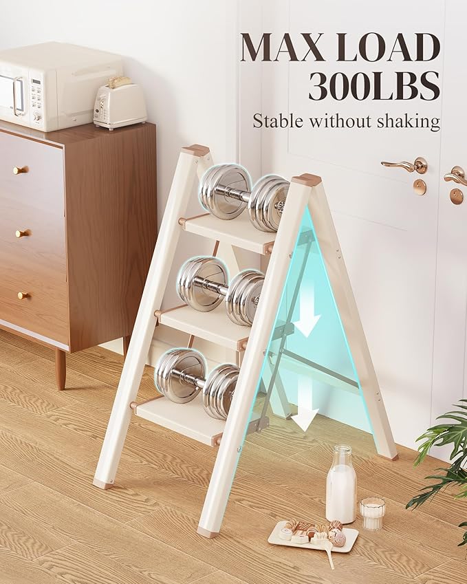 GameGem 3 Step Ladder, Folding Step Stool with Wider Pedal, Anti-Slip Feet & Non Slip Stripes, Aluminum Sturdy Material, 300Lbs Capacity, Elegant Look of Cream Chocolate Better Matches Your Home