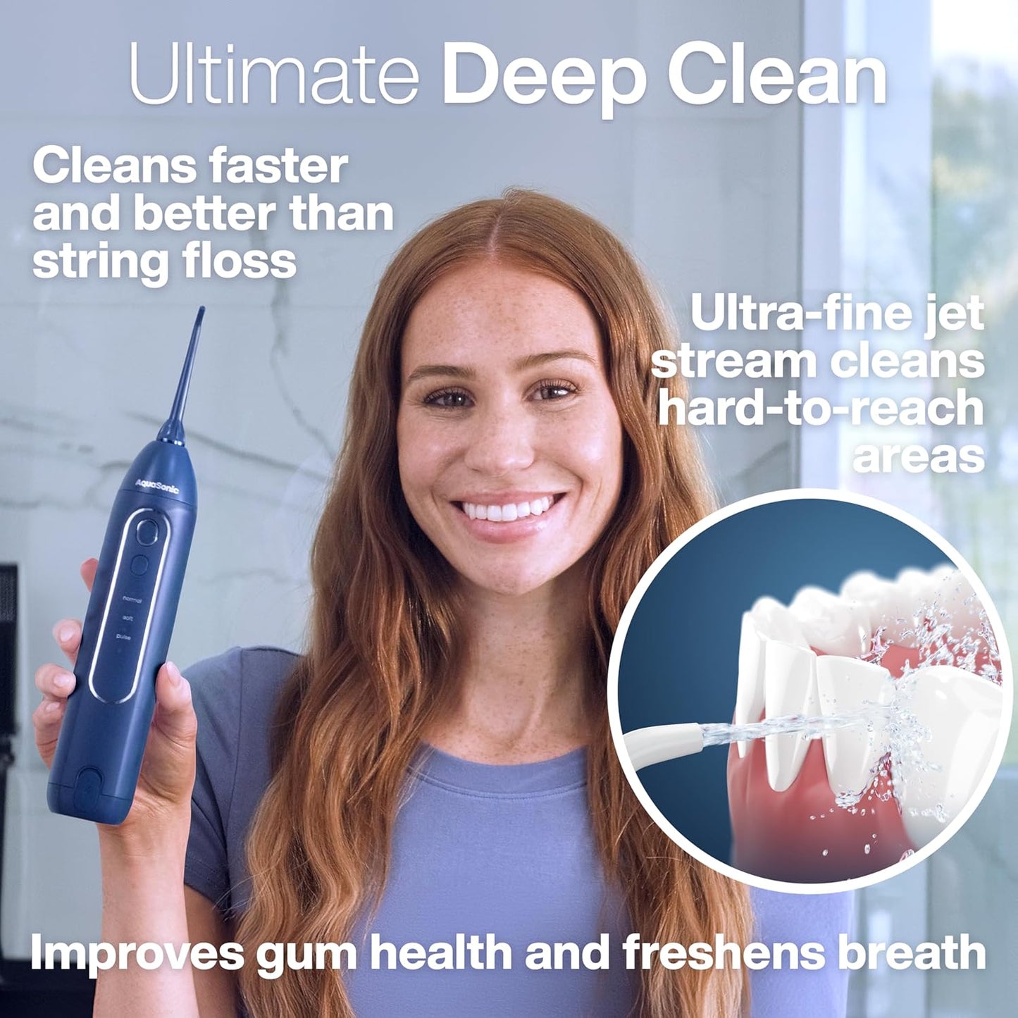 AquaSonic Icon Water Flosser for Teeth – Cordless Rechargeable Oral Irrigator – Waterproof, Portable Dental Cleaning with Jet Tip – Braces Home Travel - Navy