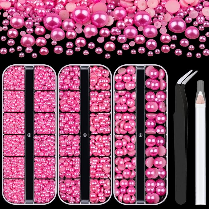 3 Boxes Flat Back Pearls Kit 12 Flatback Peach Half Round Pearls 3-10mm with Pickup Pencil and Tweezer for Home DIY and Professional Nail Art, Face Makeup and Craft