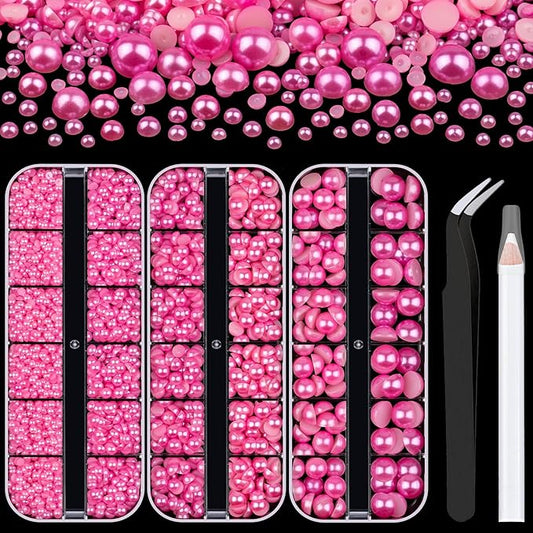 3 Boxes Flat Back Pearls Kit 12 Flatback Peach Half Round Pearls 3-10mm with Pickup Pencil and Tweezer for Home DIY and Professional Nail Art, Face Makeup and Craft