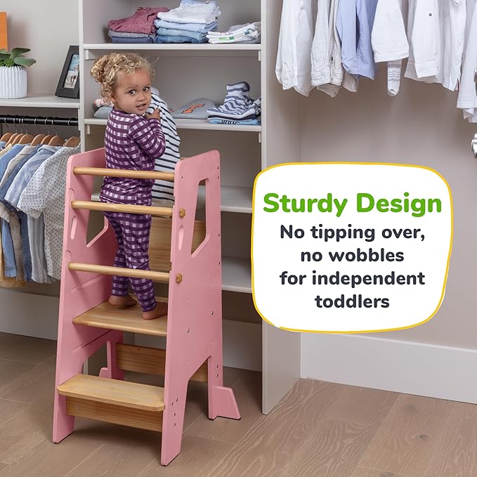 OCODILE Toddler Standing Tower - Adjustable Height Toddler Kitchen Stool Helper - Ideal Kids Kitchen Step Stool for Learning New Skills - Updated Design with Safety Feet - Pink