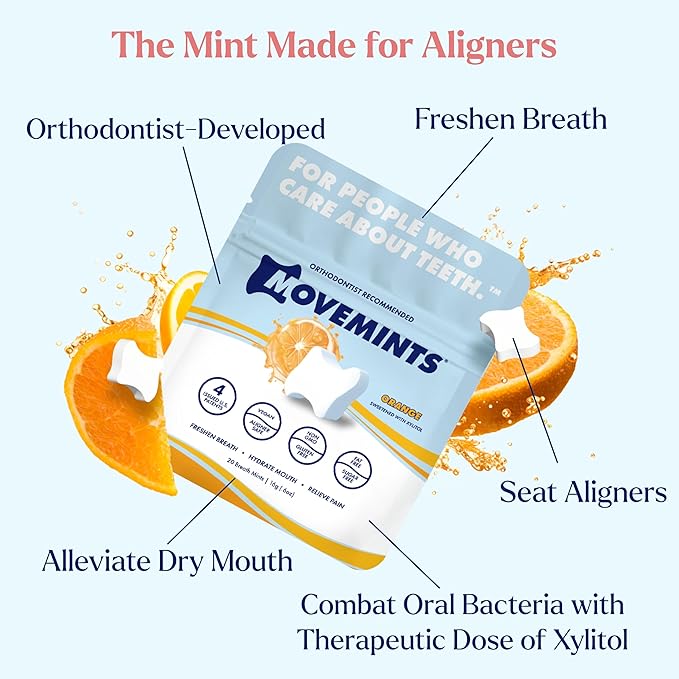 Movemints Clear Aligner Mints - Patented, Edible Alternative to Chewies - Freshen Breath and Improve Dry Mouth with Xylitol - Orange (3 Pack)