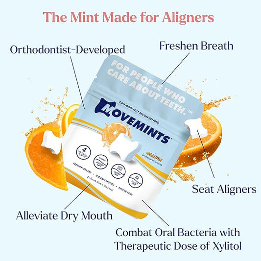 Movemints Clear Aligner Mints - Patented, Edible Alternative to Chewies - Freshen Breath and Improve Dry Mouth with Xylitol - Orange (3 Pack)