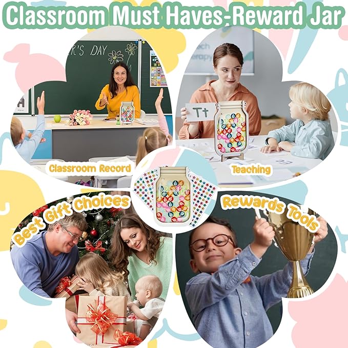 Herda Personalized Reward Jars for Kids- Classroom Behavior & Home Behavior Training Kit for Classroom/Potty/Chores, Teacher/Parent Incentive Tools Jar(42Pcs Thumbs-Up & 420Holographic Star Stickers)