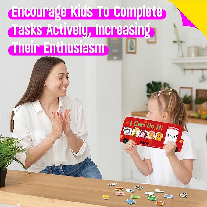 “I CAN DO IT” Token Board,Magnetic Reward Chart with 26 Animal Magnets, Red Bus Reward Chart for Kids, Incentive Positive Chart for Good Behavior and Responsibility, Great for Toddlers, Kids, Students